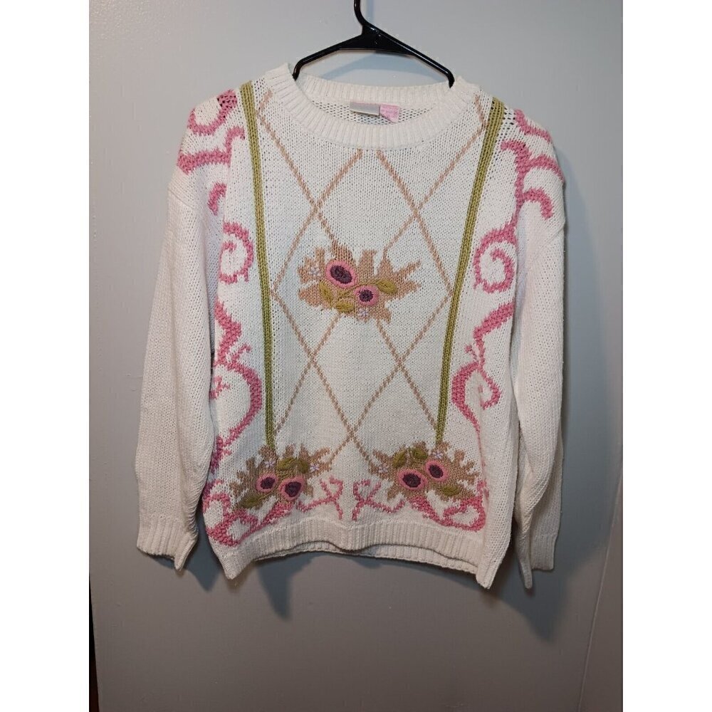 Vintage Cottagecore Knit Floral Cardigan Sweater Grandma Core Preppy Medium